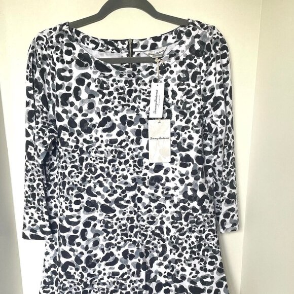 Tommy Bahama Shift Dress Medium Black Leopard White Scoop Neck Stretch - Picture 4 of 9